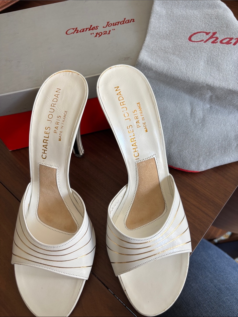 Charles Jourdan White Slide Mules with Gold Trim